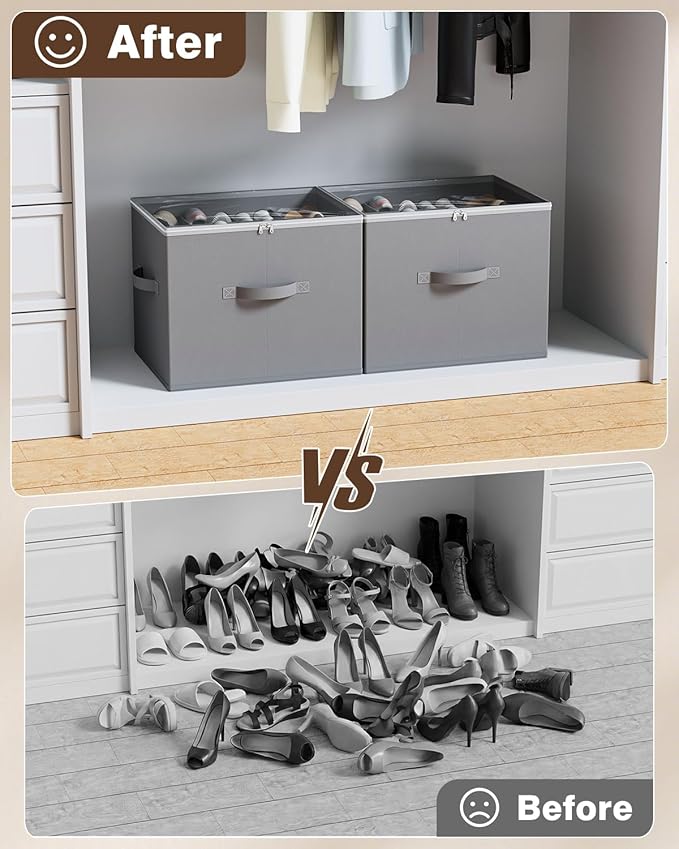 Shoe Organizer for Closet,House Again 2 Pack Shoe Storage Organizer with Wheels, Foldable Shoe Storage Box with Adjustable Dividers and Clear Cover, Reinforced Handles, Fits up to 12-24 Pairs, Gray