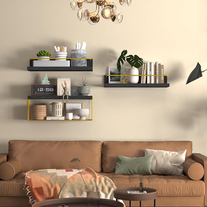 PopiShelves Bathroom Shelves Over Toilet for Wall, Floating Shelves with Storage Basket Paper Holer for Kitchen Living Room, Bedroom & Classroom, Set of 3 (Black and Gold)