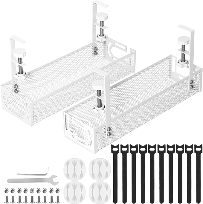 Cable Management, 2 Pack Cable Management Under Desk No Drill, Metal Cord Organizer with Clamp for Standing Desk, Cable Organizer for Home Office, White