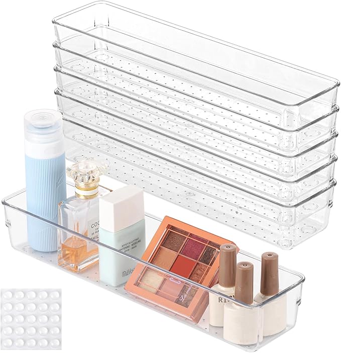 6 Pcs Large Clear Plastic Drawer Organizers Tray 12"x3" Storage Bins with 25 Pcs