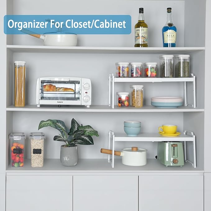 Set of 2 Expandable Kitchen Cabinet Shelves Organizers, Stackable Adjustable Small Storage Shelf Rack Stand For Pantry Cabinet Cupboard Kitchen Counter Organization, 22 lbs Capacity, Length:20.5"