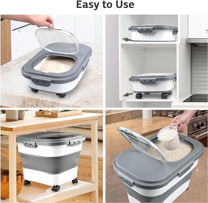 Komzon Rice Storage Containers, Collapsible 20 to 30Lbs Food Storage Bin Dispenser with Rolling Wheel and Clear Airtight Lid, BPA Free Flour, Sugar, Cereal and Dog Cat Pet food Containers