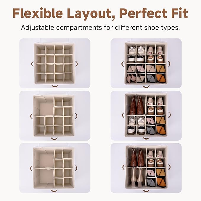 StorageWorks Shoe Organizer for Closet, Shoe Storage Cubby Containers with Adjustable Dividers and Clear Cover, Fits up to 16 Pairs, Foldable Shoe Storage Box for Closet, Entryway, Beige