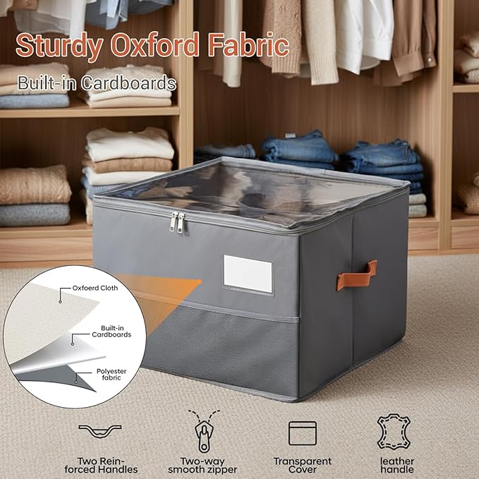 Shoe Organizer for Closet, Foldable Shoe Storage Organizer Containers with Clear Cover, Space Saving Shoes Holder with Handles, Gray (2, Large)