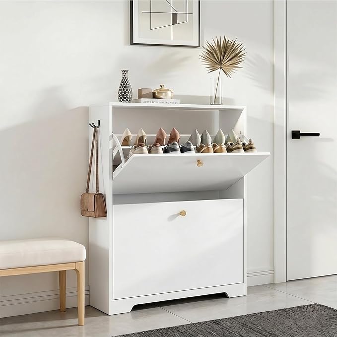 Nicetree Shoe Cabinet with 2 Flip Drawers, Narrow Shoe Organizer Cabinet, Freestanding Shoe Rack Cabinet, Modern Shoe Storage Cabinet for Entryway, Hallway, Foyer, White with Hook
