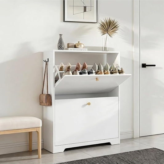 Nicetree Shoe Cabinet with 2 Flip Drawers, Narrow Shoe Organizer Cabinet, Freestanding Shoe Rack Cabinet, Modern Shoe Storage Cabinet for Entryway, Hallway, Foyer, White with Hook
