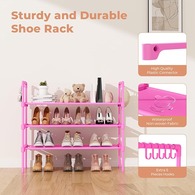 3 Tier Shoe Rack for Closet, Shoe Organizer with 5 Hooks, Pink