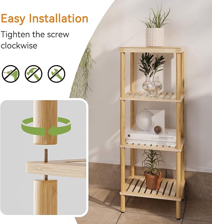 AmazerBath Bamboo Bathroom Shelf, 4-Tier Bathroom Storage Shelf, Multifunctional Storage Rack for Living Room Bedroom Kitchen, Space Saver
