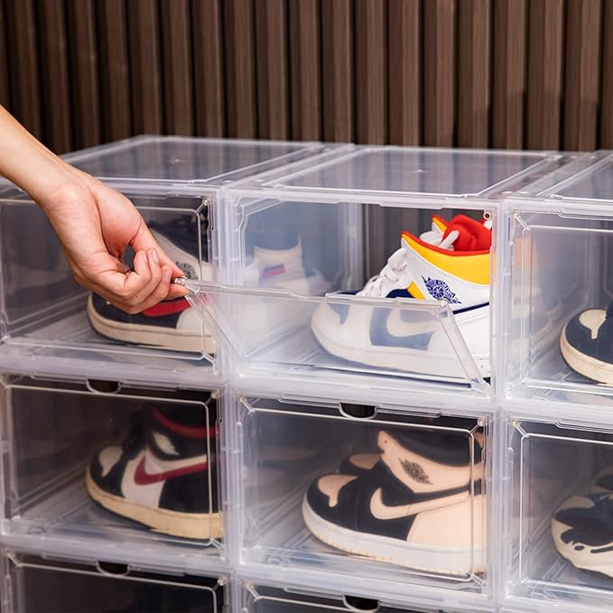 HIYOHIYO Size 14 Shoe Boxes Clear Plastic Stackable, Sneaker Containers Magnetic Shoes Storage Box Foldable Drop Front Organizer Shoes Cases for Home Display Bins 1 Pack (14.2"x 11"x 7.9")