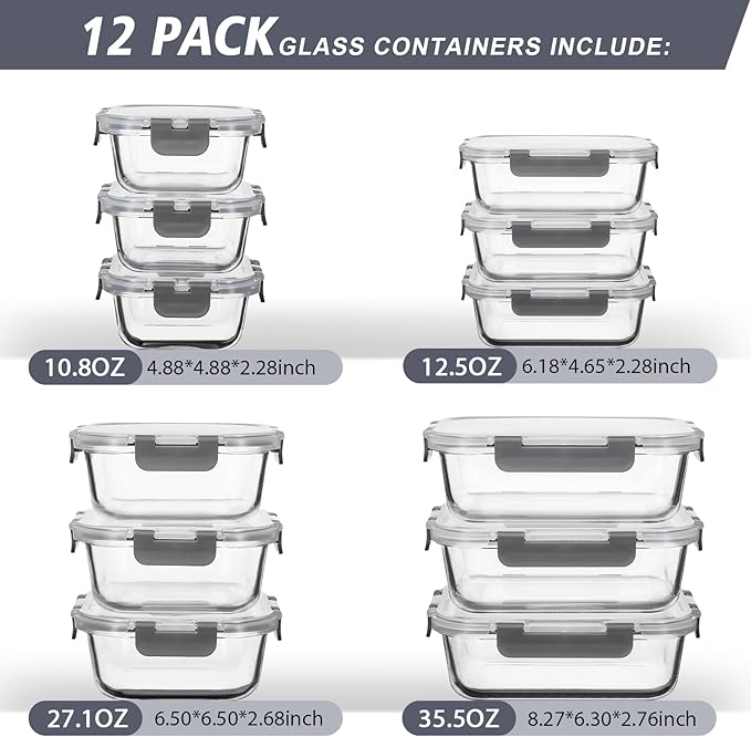 12 Pack Glass Food Storage Containers with Lids