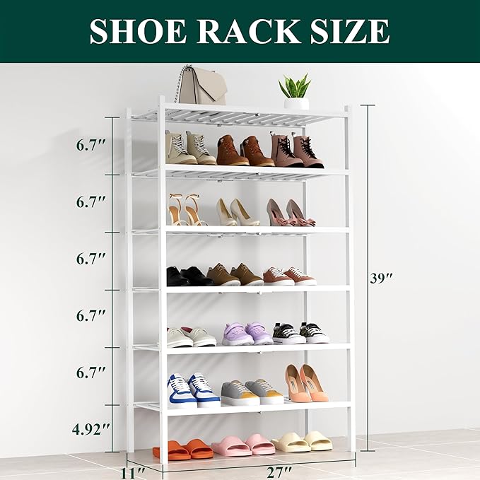 Smiry Bamboo Shoe Rack, 6 Tier Free Standing Wooden Shoe Organizer, Stackable Wood Shoe Storage Shelf for Closet, Entryway, 14 Vertical Slats, 2+2+2 Stack Heavy-Duty Legs, 26.8"x11"x39", White