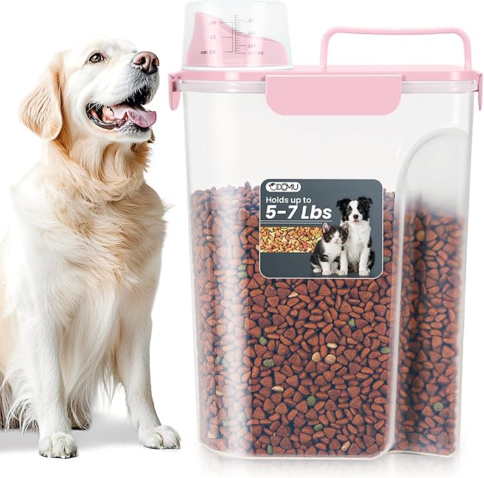 5-7LBS Upgraded Large Nozzle Cat Dog Food Storage Container BPA-free, Airtight Pet Food Storage Bin with 4 Lock Buckles, Sealing Gasket, Cup for Pet Food, Dog Treats, Rice, Flour, Dry-Pink