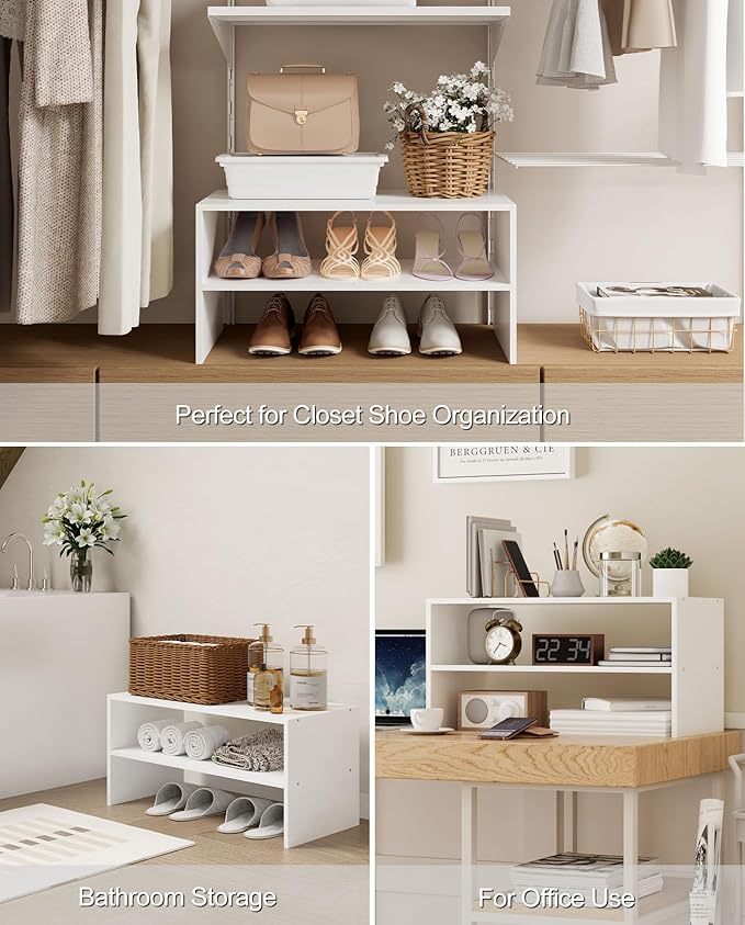 2-Tier Stackable White Shoe Rack, Wooden 2-Shelf Shoe Organizer Freestanding Shoe Storage Stand for 6-9 Pairs, Perfect for Closet, Entryway, Office Use - White(Pack of 2)
