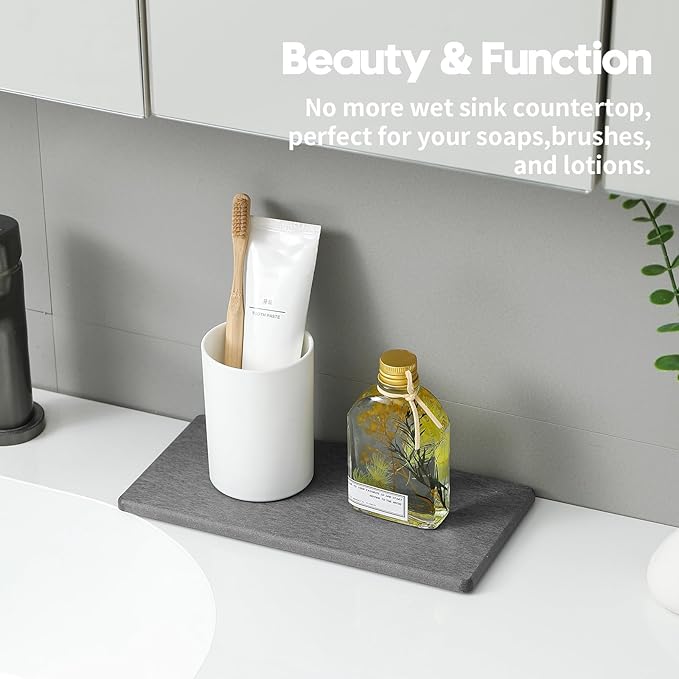 2PCS 10"x 5" Large Bathroom Sink Vanity Trays, Water Absorbing Diatomite Stone Quick Drying Mat for Kitchen Counter, Dish Rack Dispensers Sponge Holder Caddy Organizer, Dark Gray,