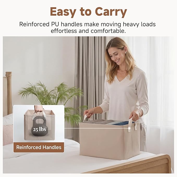 StorageWorks Fabric Storage Bins, Large Storage Baskets for Shelves, Closet Organizers and Storage Bins with Metal Frame, Handles, Light Brown, 2-Pack