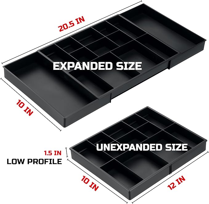 ONREVA Tool Box Organizer Tray Divider Set, Expandable Large Toolbox Storage Tray Kit, Rolling Tool Chest Drawer Bins, Hardware Screwdrivers Pliers Organization, 2pcs low profile Trays.
