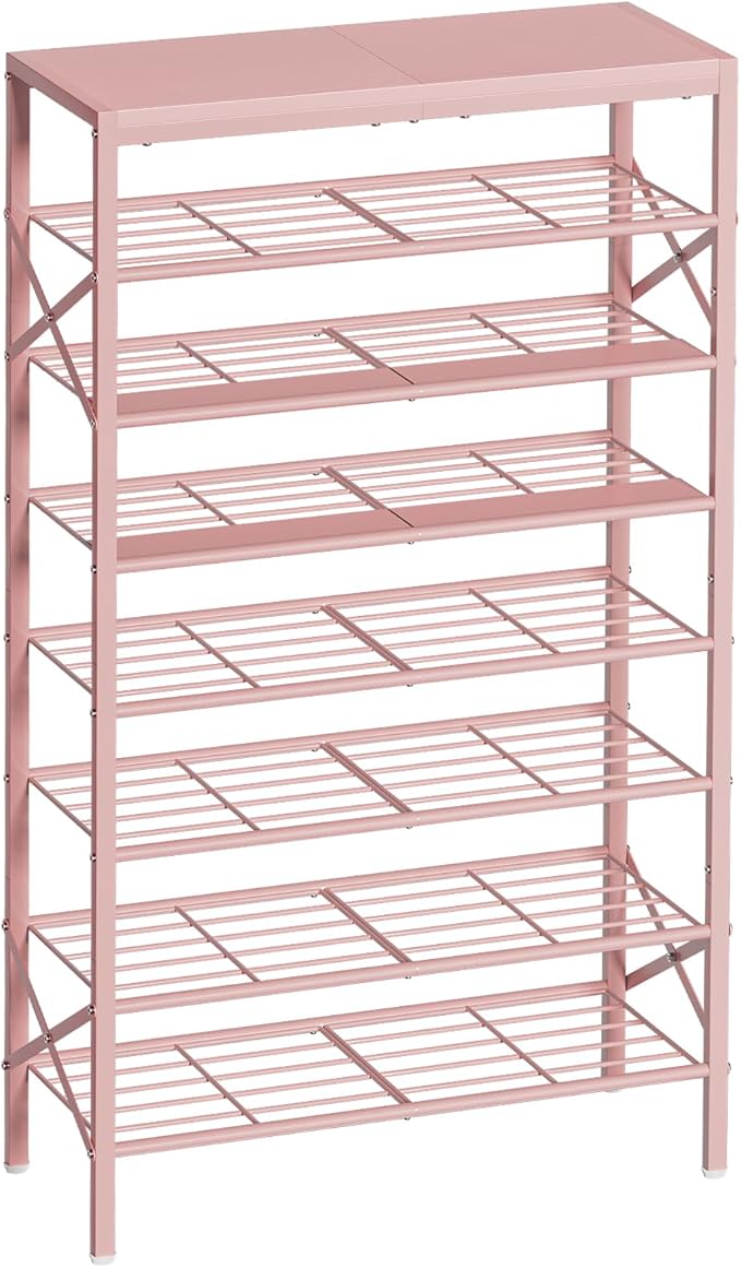 8-Tier Tall Shoe Rack Organizer Shoe Storage for Entryway 24-32 Pairs Metal Shoe Rack for Closet Heavy-Duty Shoe Rack with Wooden Top Shelf for Garage Pink