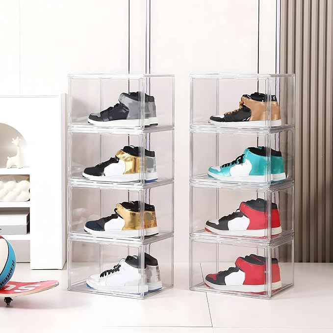 MMBABY 12 Pack Acrylic Clear Shoe Boxes Side Open Clear Plastic Stackable Sneaker Storage For Sneakerhead.Fits US Size 15