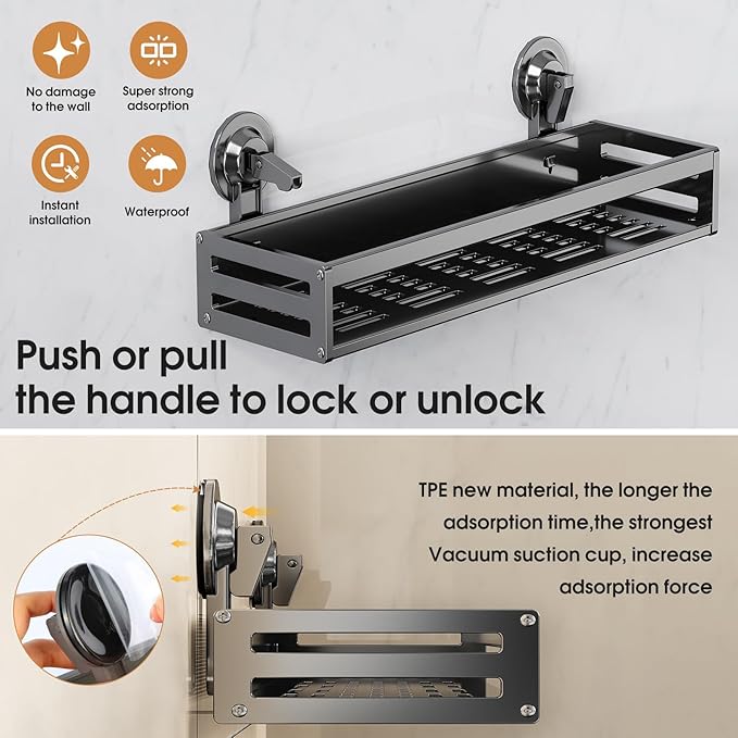 Suction Cup Shower Caddy, 15.7inch Extended Version, With 5 Hooks & Towel Rrack