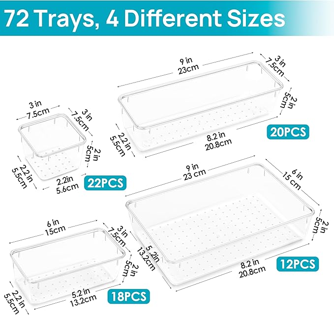 72 PCS Clear Plastic Drawer Organizers Set