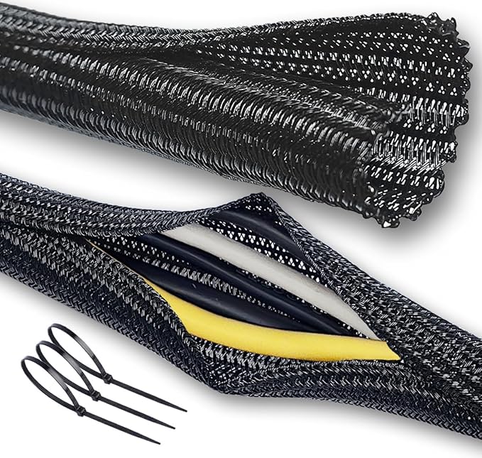 Cable Management Split Wire Loom Sleeve - Cord Hider & Protector for Desk, Pet Chew Proof, Wire Cover Organizer, Flexible Tube for Wires and Cables (1 Inch 12FT, Black)