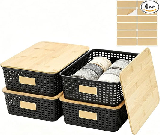 4 Pack Plastic Storage Bins with Bamboo Lids, Black