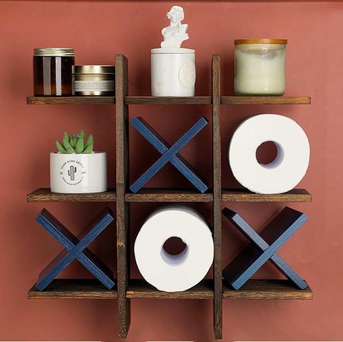 Weysat Tic Tac Toe Toilet Paper Holder Stand Bathroom Wall Decor Rustic Wooden Hanging Storage Freestanding Wall Mounted Shelves Decor for Toilet Tissue Farmhouse