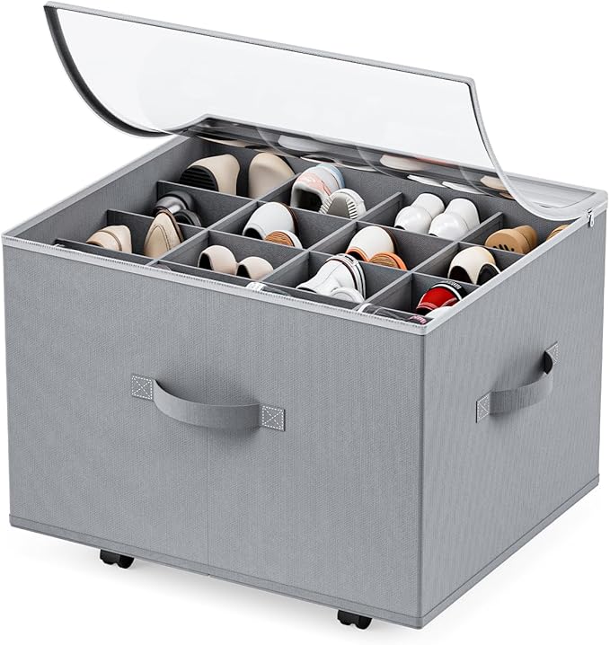 HOUSE AGAIN Shoe Organizer for Closet, Shoe Storage Organizer with Wheels, Foldable Shoe Storage Box with Adjustable Dividers and Clear Cover, Reinforced Handles, Fits up to 16 Pairs, Gray