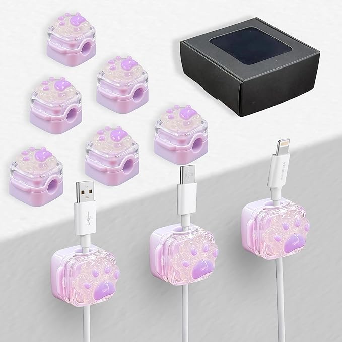 9Pack Magnetic Cable Clips for Nightstand, Adhesive Night-Glowing Cord Holder Organizer for Office Home Desk Wall Car (Purple,Cat)