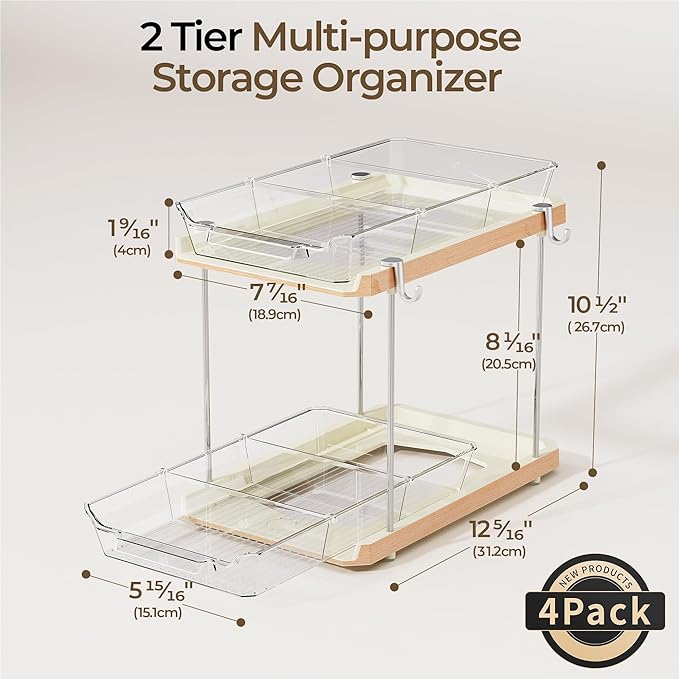 2 Tier Under Sink Organizer Bathroom, Wood Grain, 4 Pack