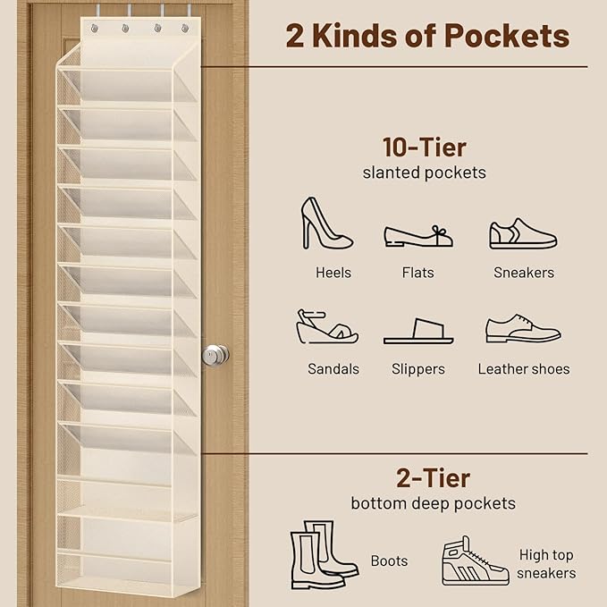 12 Tier Over the Door Shoe Organizer Breathable Mesh Hanging Shoe Rack, Beige