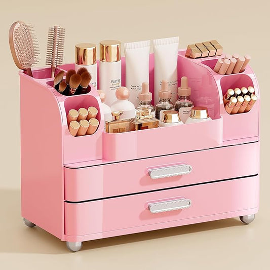 Makeup Organizer for Vanity with 2 Large Drawers, All Pink