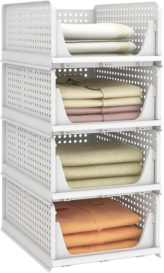 Stackable Plastic Storage Basket, Foldable Closet Organizers