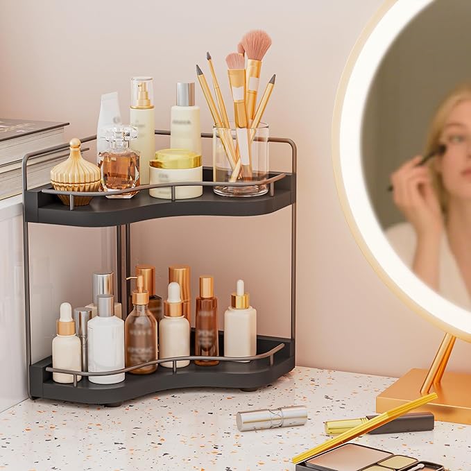 2-Tier Corner Bathroom Counter Organizers, Stable Wood Vanity Shelf for Perfume, Skincare & Makeup, Larger Size Countertop Organizer and Storage for Bathroom, Kitchen and Dresser(Black)