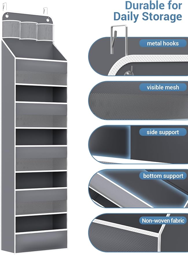Over Door Organizer for Bedroom,Nursery,Bathroom,Dorm,Pantry, Closet - 5 Tier 44 lb Load Behind Door Storage, Back of Door Hanging Holder Bag - 1 Pack,Grey