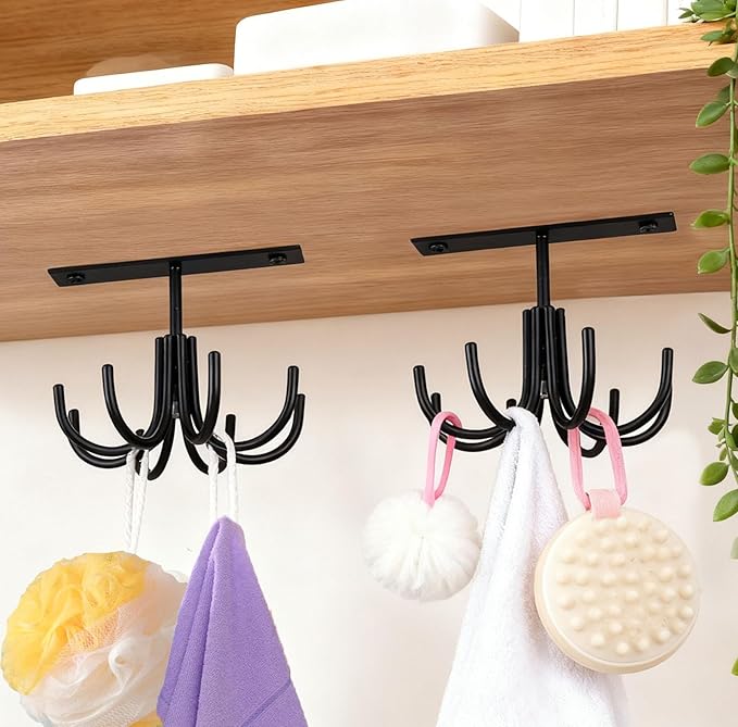 Metal Under Cabinet Kitchen Utensil Hooks,360° Rotating Kitchen Utensil Rack with 8 Hooks,Drilling Free Adhesive Utensils Hanging Rack for Tools/Towel/Knife (Black)