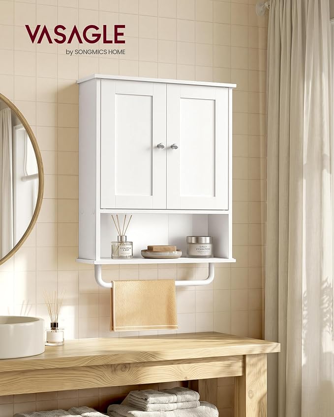 VASAGLE Siren Collection - Hanging Bathroom Cabinet with Towel Rod, Farmhouse Wall Storage Cabinet, with Adjustable Shelf, and Doors, 7.9 x 20 x 23.6 Inches, Cloud White UBBK149WB01S