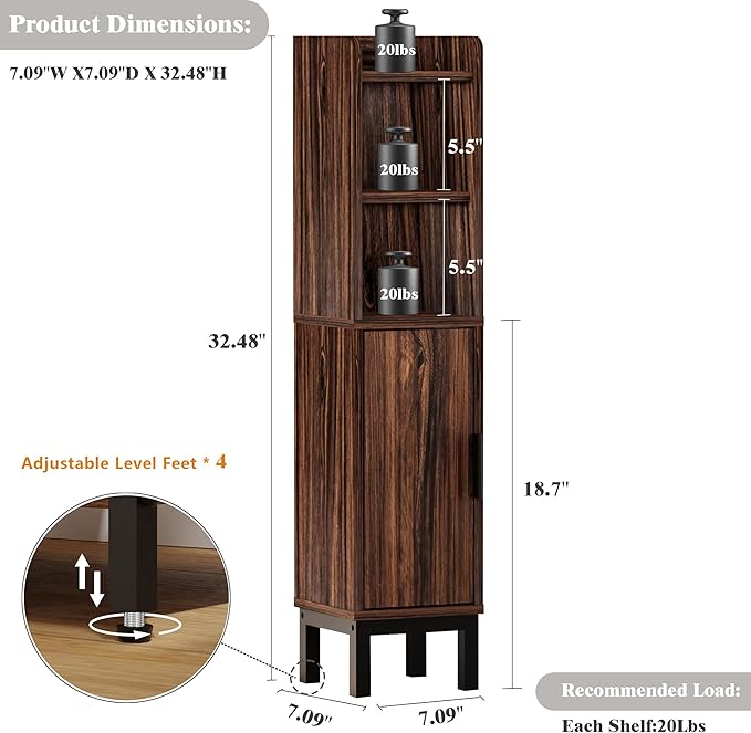 FerniTry Small Bathroom Storage Cabinet, Corner Floor Cabinet with Door and Shelves, Narrow Toilet Paper Cabinet, Bathroom Organizer with Adjustable Shelf, for Small Spaces (Walnut)