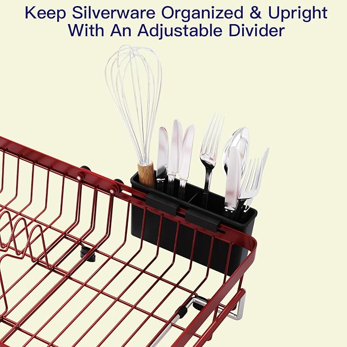 MAJALiS Red Dish Drying Rack Over The Sink, Expandable Stainless Steel Dish Drainer for Small Kitchen Counter Space Saving, RV Compact Plate Strainer in Metal with Hanging Adjustable Utensil Holder