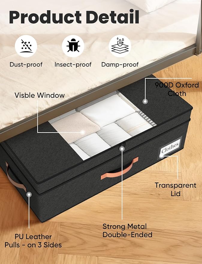 TOSKING 2-Pack Under Bed Storage Drawers with Wheels, 6 Vacuum Bags, Adjustable Height 7.9-10.2", Large 90L/80 lbs Clear Lid, 900D Oxford, Space Saver for Dorm Bedroom, Blankets, Clothes, Shoes, Black