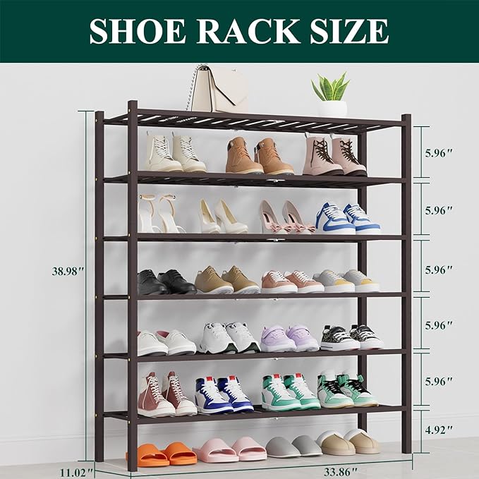 Smiry Long Bamboo Shoe Rack, 6 Tier Free Standing Wooden Shoe Organizer, Stackable Wood Shoe Storage Shelf for Closet, Entryway, 14 Vertical Slats, 2+2+2 Stack Thicker Legs, 33.7"x11"x39", Brown
