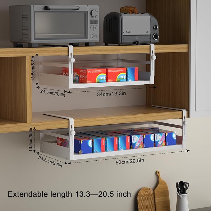 AmonHouseware 2Pack Under Shelf Basket Organizer, Adjustable Under Cabinet Shelf Storage, Hanging Holder Length Stretchable 13-21Inch for Kitchen Pantry Desk Counter Bookshelf Cupboard (White)