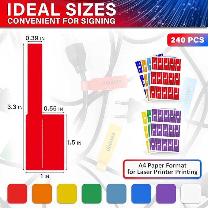 240 PCS Wire Tags for Cable Management – Cable Labels for Cords in 8 Colors - Durable, Self-Adhesive Cord Label Set, Tear-Resistant & Waterproof Wire Labels Tags - Compatible with Laser Printers