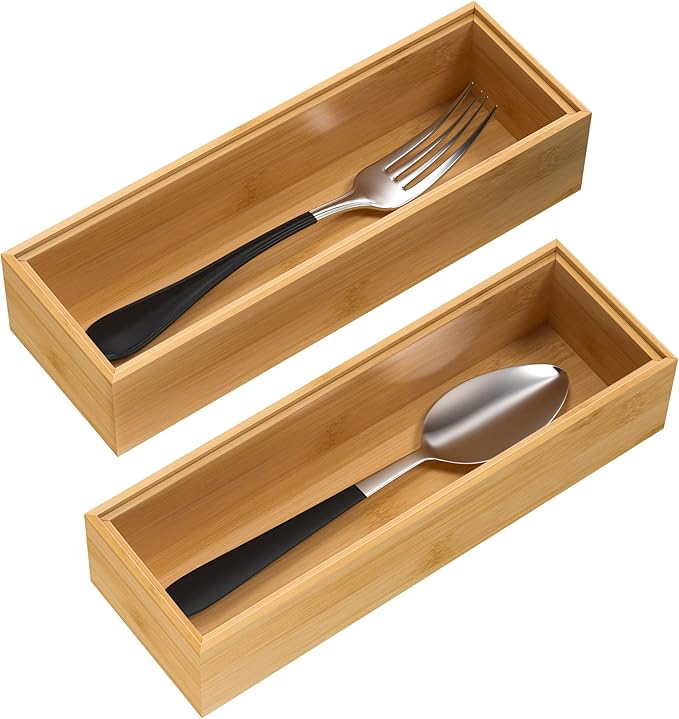 VeyFey Silverware Tray for Drawer, Stackable Kitchen Bamboo Drawer Organizer 9" x 3" x 2" Set of 2