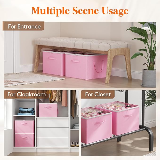Lifewit 4 Pack Shoe Storage Organizer for Closet, Large Shoe Box Storage Containers with Clear Cover, Foldable Storage Bins Fit for Boots Fits 48-64 Pairs (Each 12-16 Pairs) Pink