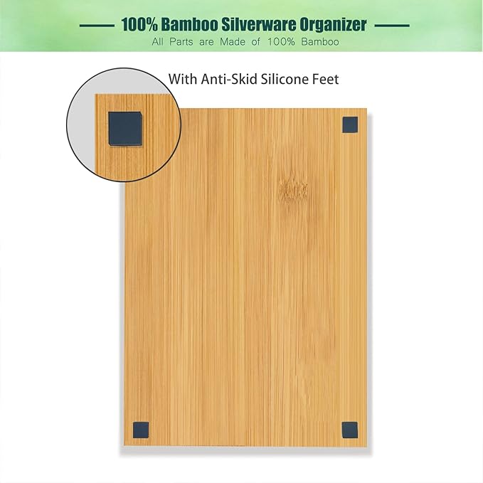 guiogc Bamboo Kitchen Drawer Silverware Organizer, 9 Inch Silverware Utensils Tray Holder for Small Drawer, Cutlery Tray, Wood Caddy for Flatware Cutlery Knives 5-Slots