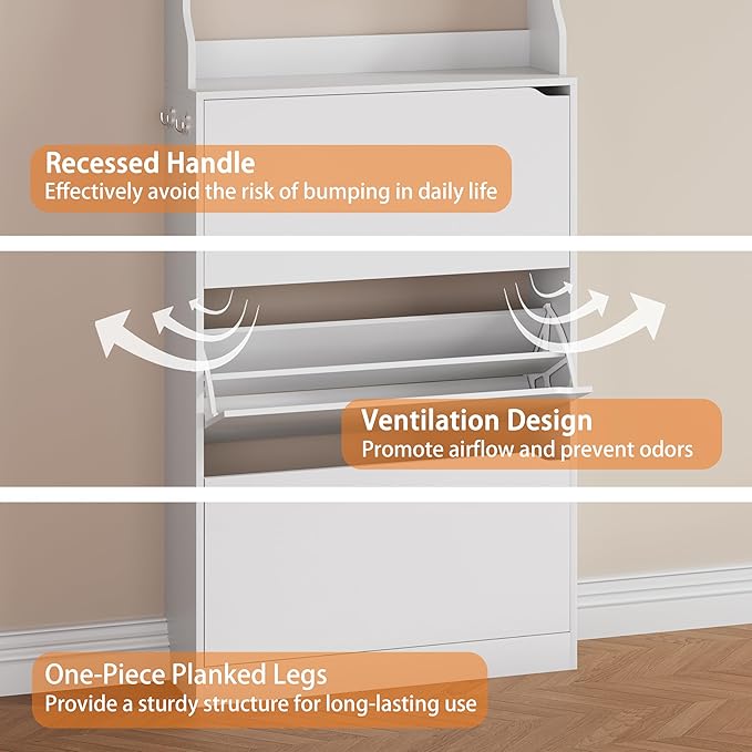 Shoe Cabinet for Entryway, White, 31.5 * 9.37 * 78.74 Inch, 3 Flip Drawers, 3 Shelves, Modern Style