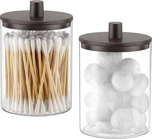 Glass Qtip Holder Dispenser for Bathroom, 2 Pack, Brown