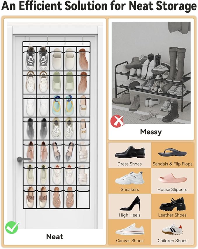 dodowin Over the Door Shoe Organizers, 2 Pack - 35 Deep Mesh Pockets Each, Over The Door Shoe Rack with 4 Metal Hooks Each, Space Saving Hanging Storage Holder for Closets, Shoes & Accessories, White