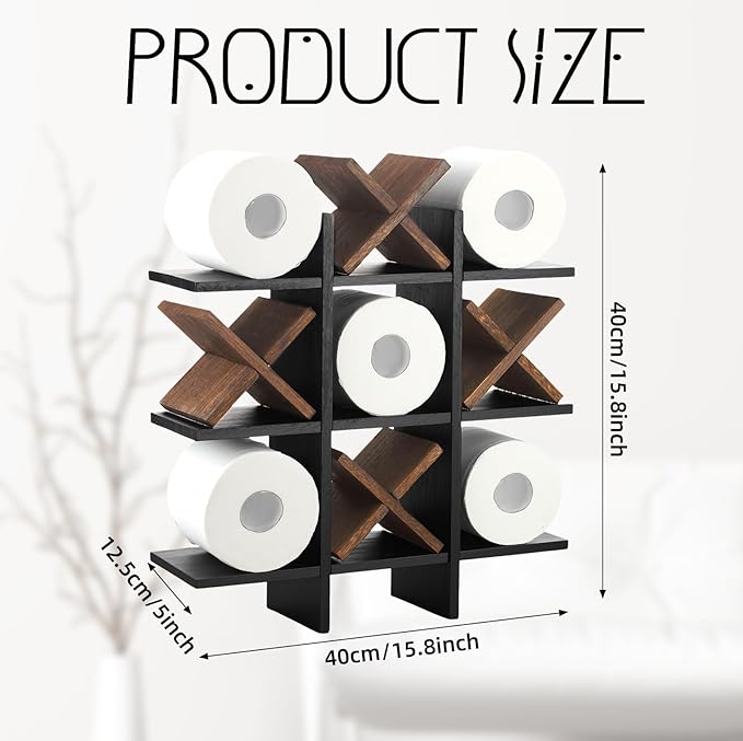 Weysat Tic Tac Toe Toilet Paper Holder Stand Bathroom Wall Decor Rustic Wooden Hanging Storage Freestanding Wall Mounted Shelves Decor for Toilet Tissue Farmhouse